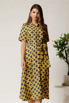 Rochie midi bleumarin din bumbac in clos cu cercuri galbene si cordon in talie imagine