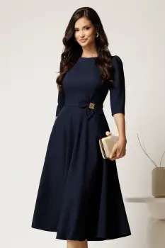 Rochie midi bleumarin din stofa in clos cu floare in talie imagine