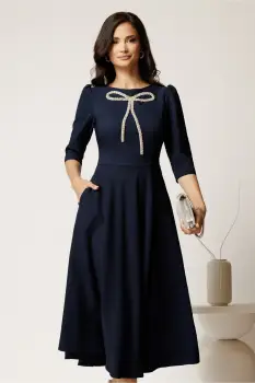 Rochie midi bleumarin din stofa in clos cu funda si strasuri pe bust imagine