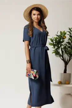 Rochie midi bleumarin din tencel cu croi drept si cordon in talie imagine