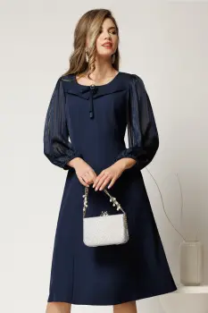 Rochie midi bleumarin din triplu voal cu maneci si insertii din fir lurex si satin imagine