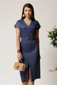 Rochie midi bleumarin din viscoza cu aspect sidefat si curea in talie imagine