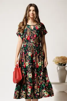 Rochie midi bleumarin din viscoza in clos cu flori fucsia si cordon in talie imagine