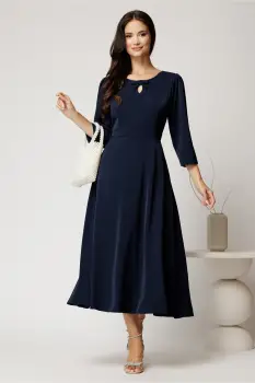 Rochie midi bleumarin din viscoza in clos cu funda si decupaj la decolteu imagine