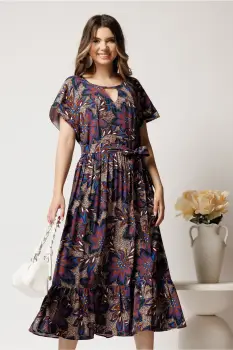 Rochie midi bleumarin din viscoza in clos cu imprimeu maro si cordon in talie imagine