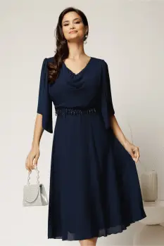 Rochie midi bleumarin din voal cu broderie si paiete la decolteu si in talie imagine