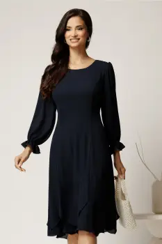 Rochie midi bleumarin din voal cu croi in clini si volane la baza imagine