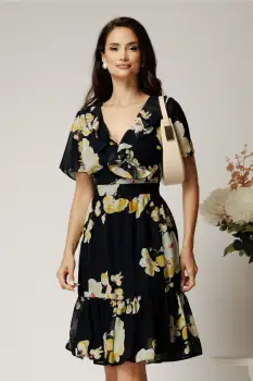 Rochie midi bleumarin din voal cu flori galbene si volane imagine