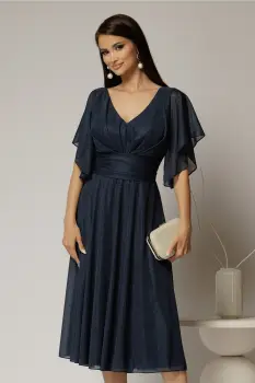 Rochie midi bleumarin din voal cu sclipici si decolteu in V imagine