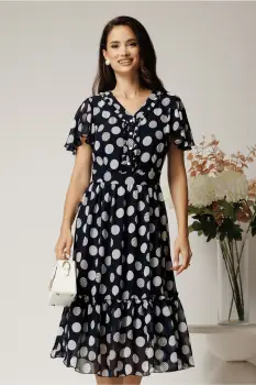 Rochie midi bleumarin din voal in clos cu buline si volanase imagine