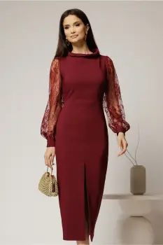 Rochie midi bordo conica cu maneci din dantela si guler barcuta imagine