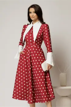 Rochie midi bordo cu buline si guler ascutit imagine