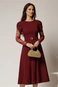 Rochie midi bordo cu maneci din dantela si cordon detasabil imagine