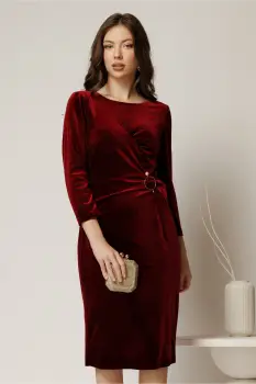 Rochie midi bordo de ocazie din catifea cu accesoriu talie imagine