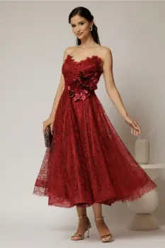 Rochie midi bordo de ocazie din dantela cu brose detasabile in talie imagine