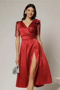 Rochie midi bordo de ocazie din tafta si paiete imagine