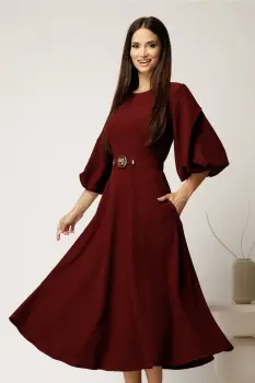 Rochie midi bordo din crep in clos cu maneci bufante si curea in talie imagine