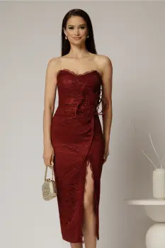 Rochie midi bordo din dantela cu crepeu si detaliu amplu in talie imagine