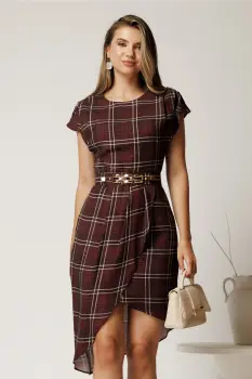 Rochie midi bordo din jerse cu carouri si curea in talie imagine