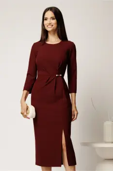 Rochie midi bordo din stofa conica cu pense si accesoriu in talie imagine