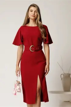 Rochie midi bordo din stofa cu croi conic si curea in talie imagine