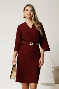 Rochie midi bordo din stofa cu maneci tip lalea si curea in talie imagine