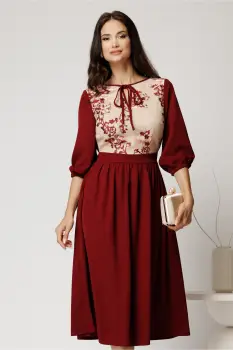 Rochie midi bordo din triplu voal in clos cu bust bej din dantela imagine