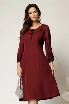 Rochie midi bordo din triplui voal cu maneci si insertii din fir lurex si satin imagine