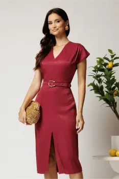Rochie midi bordo din viscoza cu aspect sidefat si curea in talie imagine