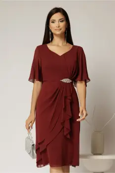 Rochie midi bordo din voal cu accesoriu in talie imagine