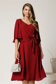 Rochie midi bordo din voal cu accesoriu si pliuri in talie imagine