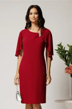 Rochie midi bordo din voal cu croi drept si accesoriu stralucitor la bust- Viada imagine