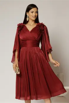 Rochie midi bordo din voal peliculizat cu decolteu petrecut si aplicatii florale imagine