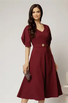 Rochie midi bordo eleganta cu fusta clos, decolteu adanc in V si maneci bufante imagine