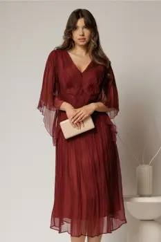 Rochie midi caramizie din matase clos si decolteu V imagine