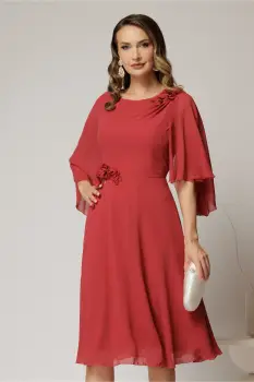 Rochie midi caramizie din voal in clini cu flori pe talie si umar imagine