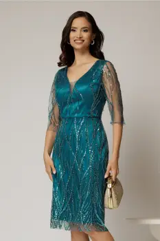 Rochie midi conica turcoaz din tull cu paiete imagine