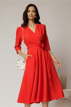Rochie midi corai din stofa in clos cu floare in talie imagine