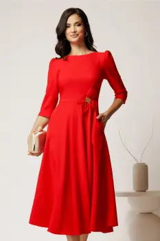 Rochie midi corai din stofa in clos cu floare in talie imagine