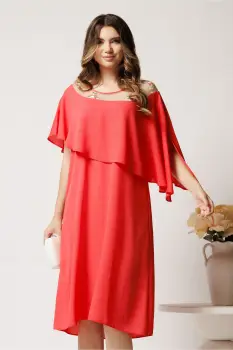 Rochie midi corai din voal dreapta cu volan si broderie pe bust imagine