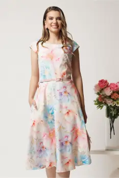 Rochie midi cu flori pastelate in clos cu buzunare si curea in talie imagine
