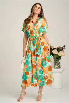 Rochie midi cu flori verde mint si orange din viscoza in clini cu nasturi si cordon in talie imagine