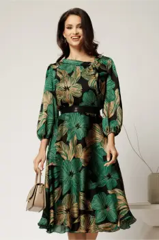 Rochie midi cu flori verzi si bej din voal in clos cu cordon in talie imagine