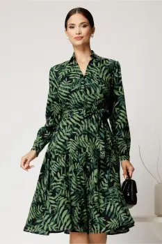 Rochie midi cu frunze verzi din viscoza cu nasturi pe bust si cordon in talie imagine