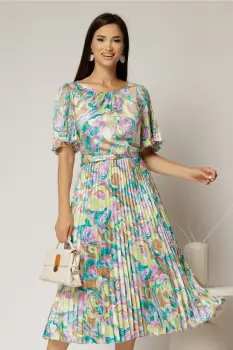 Rochie midi cu imprimeuri lila turcoaz din satin plisat si maneci scurte evazate imagine