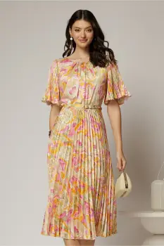 Rochie midi cu imprimeuri oranj din satin plisat si maneci scurte evazate imagine
