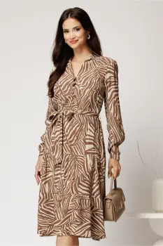 Rochie midi cu zebra print maro din viscoza cu nasturi pe bust si cordon in talie imagine