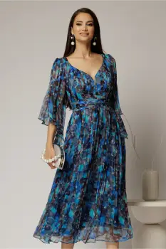 Rochie midi de ocazie cu imprimeuri albastre din matase naturala imagine