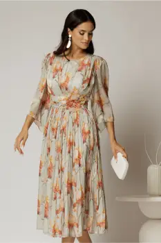 Rochie midi de ocazie cu imprimeuri caramizii din voal peliculizat cu perle pe talie imagine