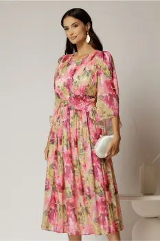 Rochie midi de ocazie cu imprimeuri fucsia din voal peliculizat cu perle pe talie imagine